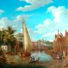 荷兰运河风景，荷兰梯田房屋中的帆船和人像
