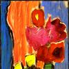 静物画：蓝色花瓶里的红花