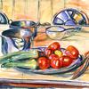 有西红柿、韭菜和砂锅的静物画