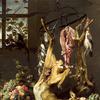 Still Life with Game Suspended on Hooks, a Lobster on a Porcelain Plate and a Basket of Grapes, Apples, Plums and Other Fruit on a Partly Draped Table with Two Monkeys