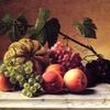 有哈密瓜、葡萄和桃子的静物画