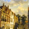 荷兰小镇上阳光明媚的街道上的人影