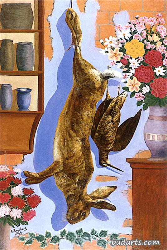 野兔与花瓶的静物画