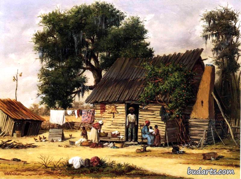 一家人聚在小屋旁