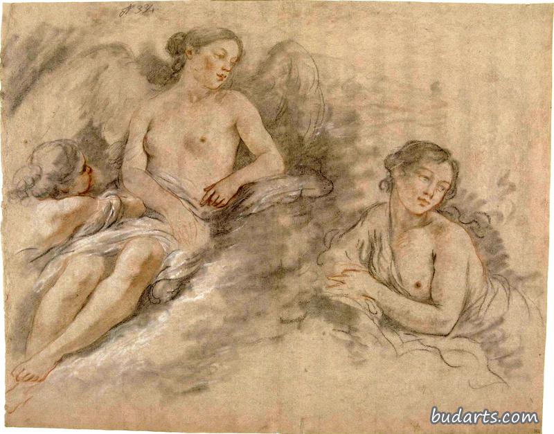 有翅膀的女人带着一个孩子和另一个女人