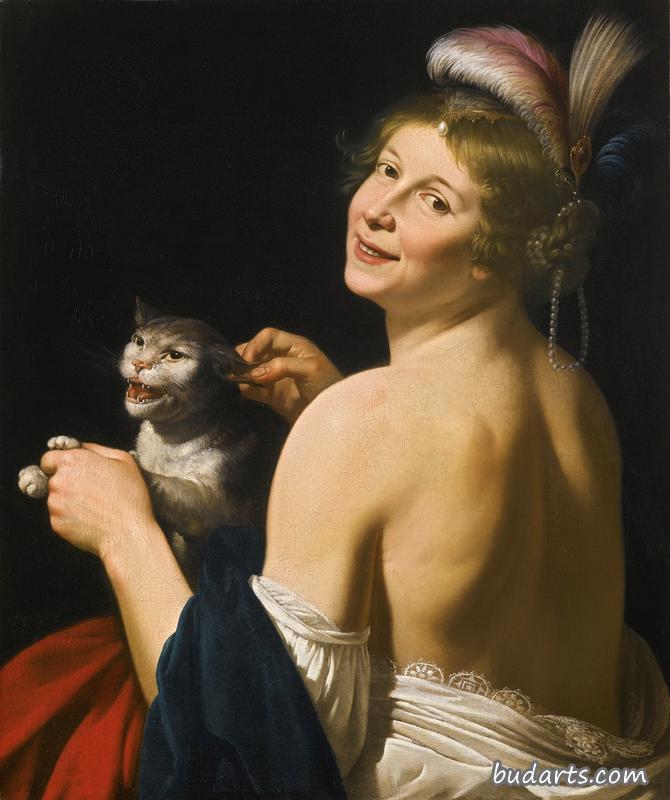 玩猫的年轻女子