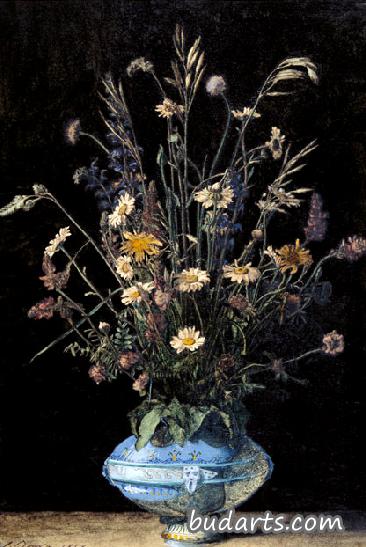 青花彩陶花瓶里的野花静物画