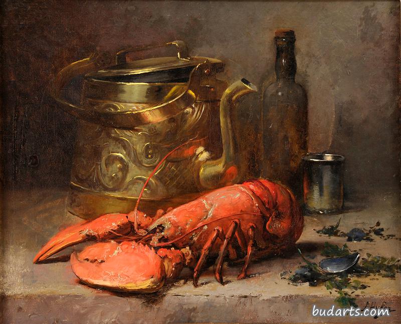 黄铜壶龙虾静物画
