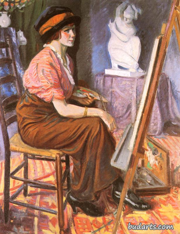 在画架上画画的女人