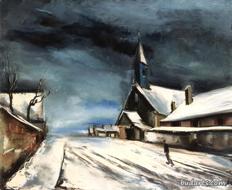 雪地里有教堂的路
