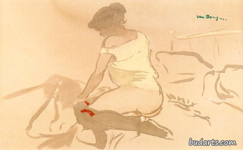 跪在床上的女人