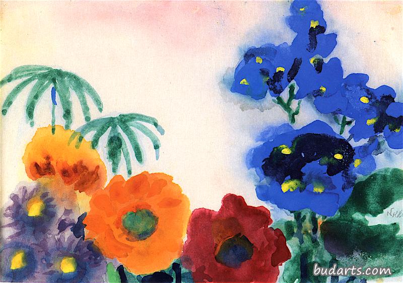 有紫菀、罂粟和云雀的花香静物画