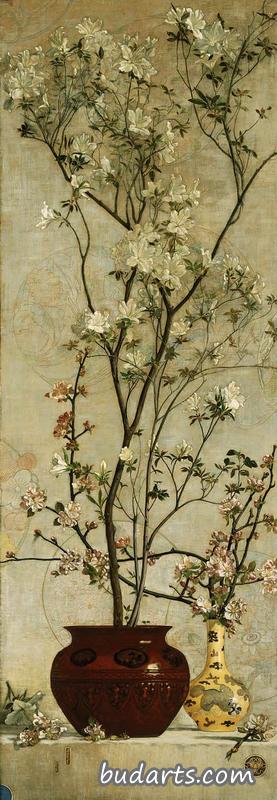 杜鹃花和苹果花的静物画