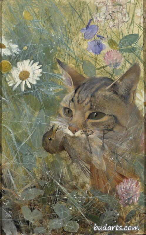 嘴里叼着小鸟的猫