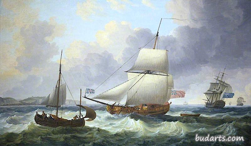 一艘装着双桅帆的皇家游艇在右舷大头钉上迫近