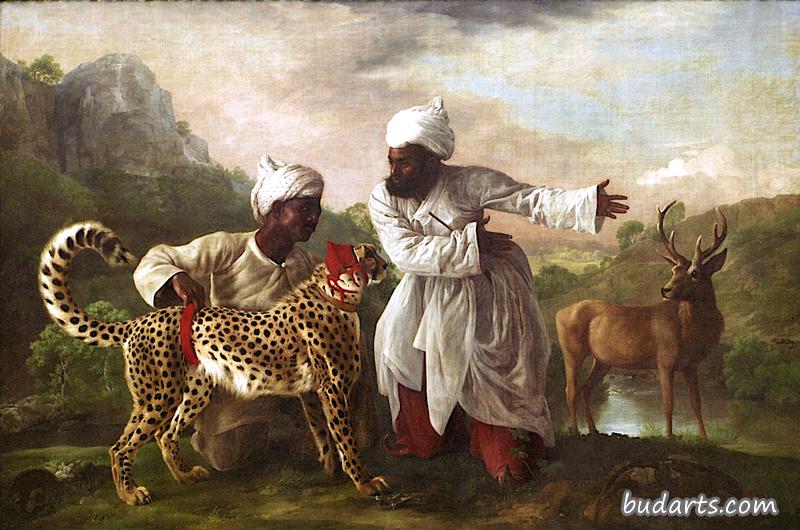 “猎虎肖像”：印度猎豹，两名随从和一只雄鹿