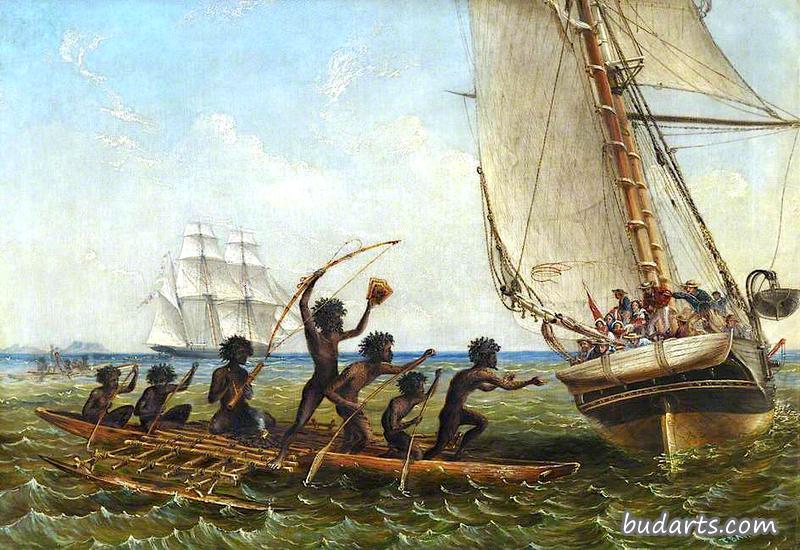 1855年8月28日，土著独木舟与“君主”和“汤姆·霍尔德”交流