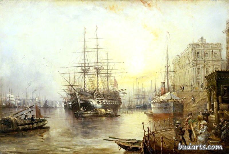 1877年格林威治的景色显示了训练舰“战舰” 1877年格林威治的景色显示了训练舰“战舰”