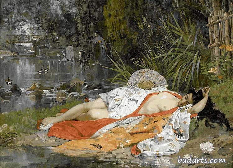 躺在花园里的艺妓