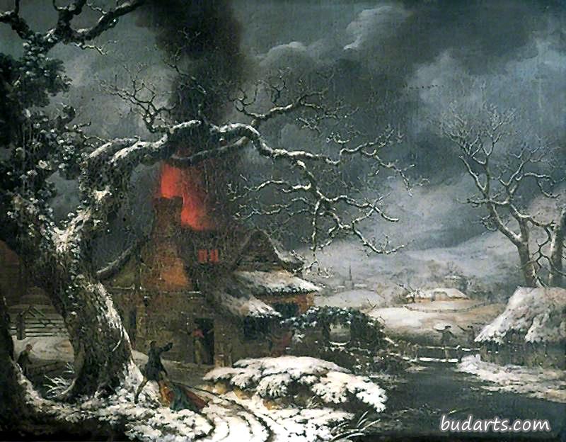 前景是一座燃烧着的小屋的冬日景色