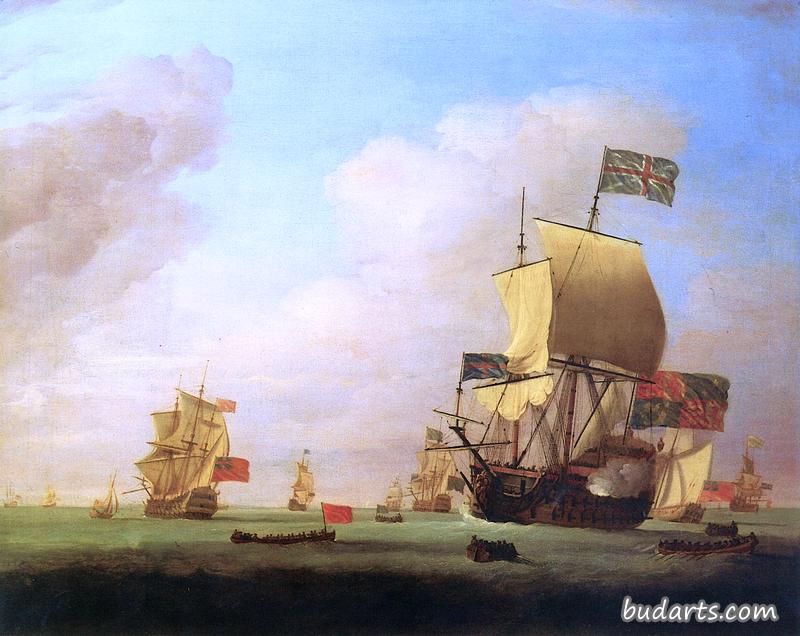 “阿尔贝马尔，约翰·利克爵士的旗舰，即将在巴塞罗那湾抛锚