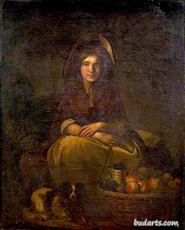 一个戴着帽子卖水果的年轻女人，脚边站着一只查尔斯国王的猎犬