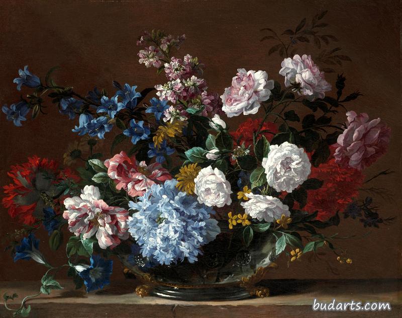 玫瑰、旋花、坎特伯雷钟和其他花的静物画 玫瑰、旋花、坎特伯雷钟和其他花的静物画