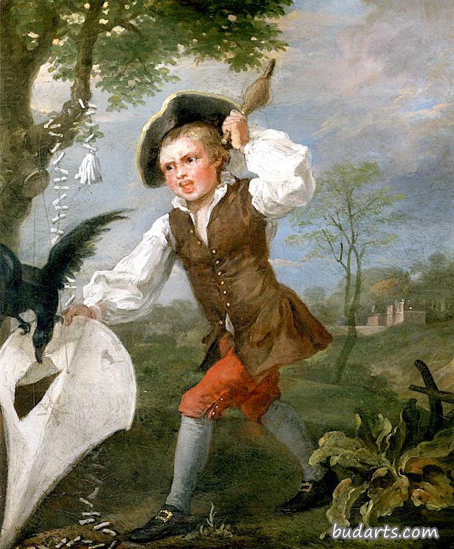 一个拿着风筝被公鸡袭击的男孩