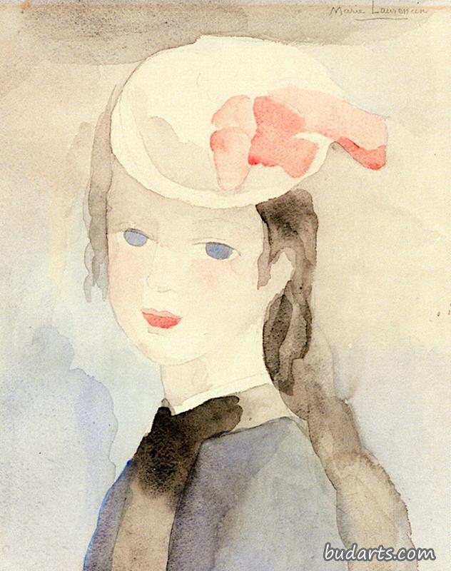 戴白帽子和玫瑰的女孩
