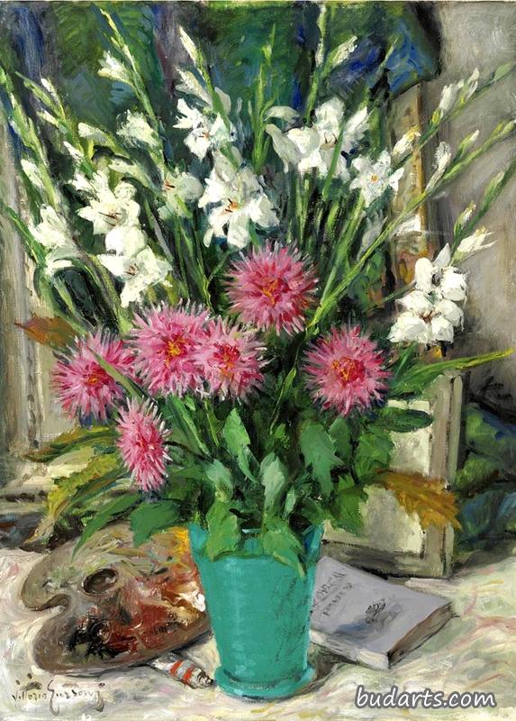 鲜花、调色板和书籍的静物画