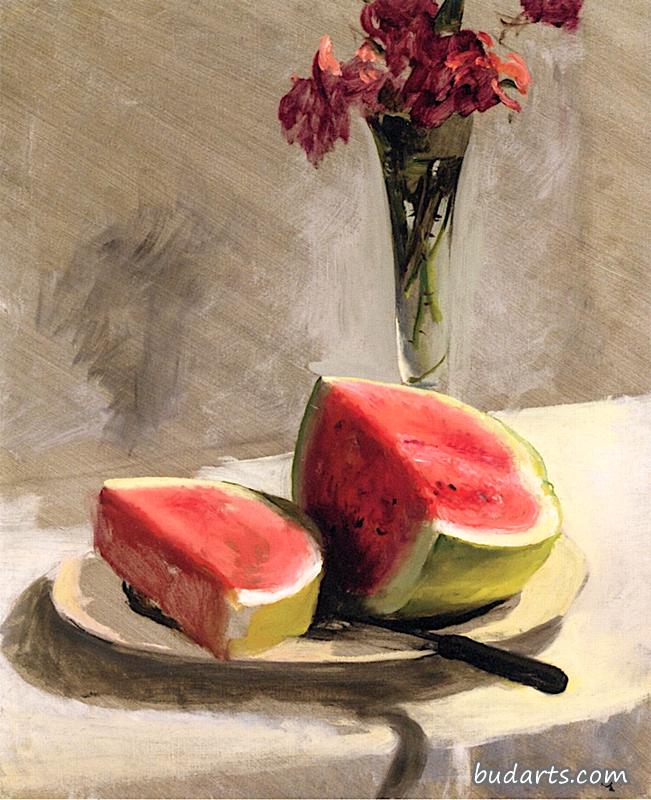 西瓜玫瑰静物画