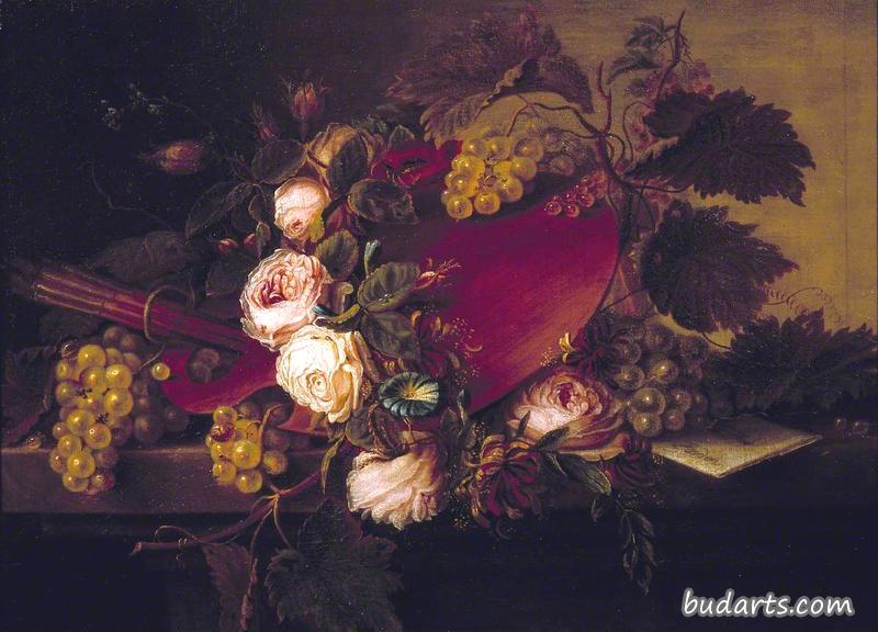 有调色板、画笔、水果和鲜花的静物画