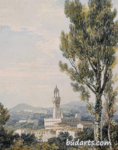 来自佛罗伦萨博博利花园的维奇奥宫(Palazzo Vecchio),出自约翰·罗 来自佛罗伦萨博博利花园的维奇奥宫(Palazzo Vecchio),出自约翰·罗