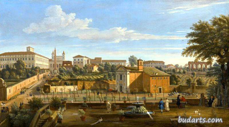 A View of the Church of Santi Marcellino e Pietro, from the Vigna Ciccolini, with the Palazzo Latera A View of the Church of Santi Marcellino e Pietro, from the Vigna Ciccolini, with the Palazzo Latera