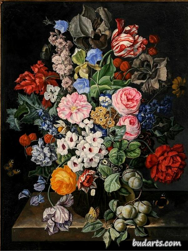 玻璃花瓶里有鲜花和水果的静物画