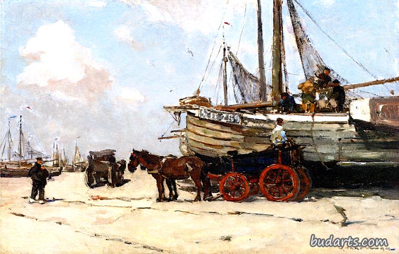 Unloading the Bomschuit on the Scheveningen Beach