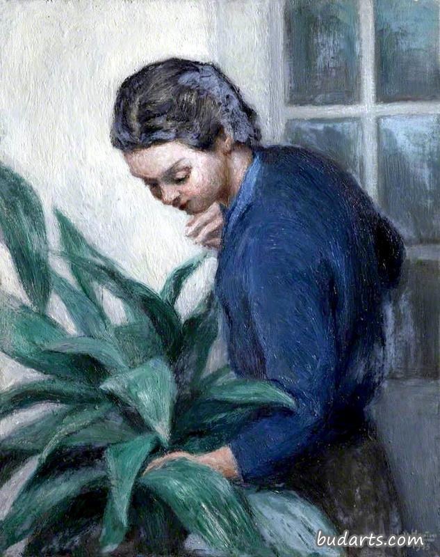 穿着蓝色衬衫照料植物的女士