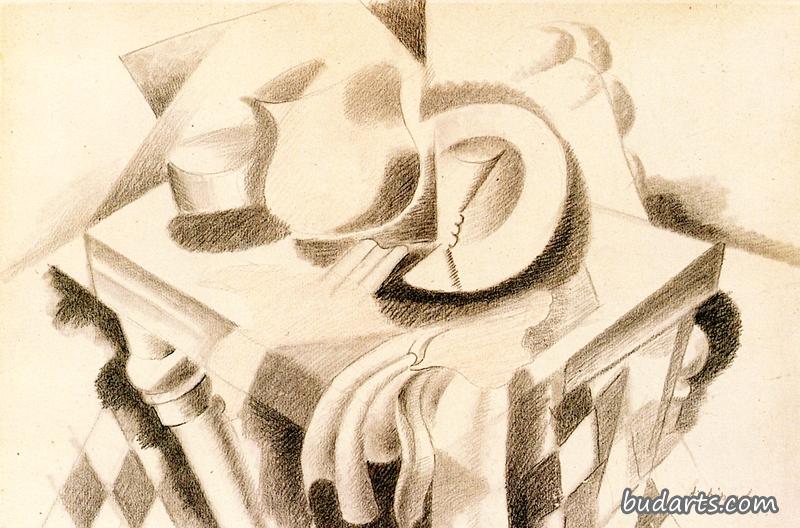 有罐子、玻璃和盘子的静物画