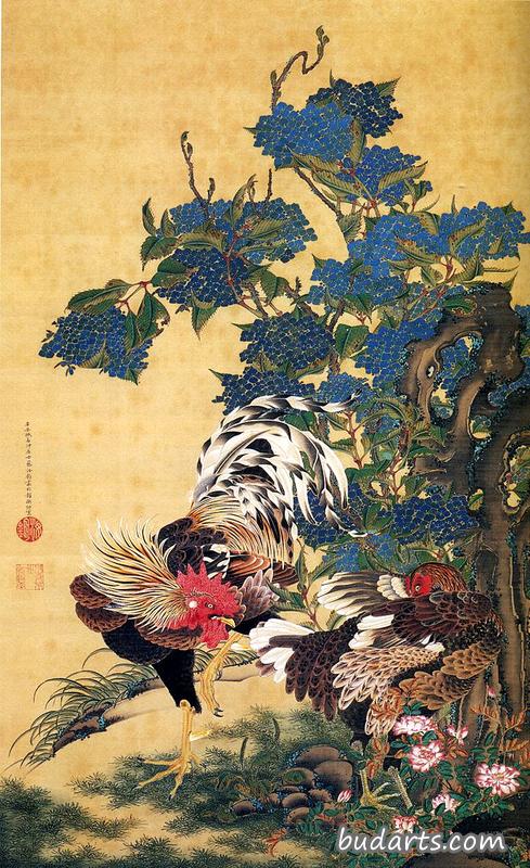 有绣球花的公鸡和母鸡