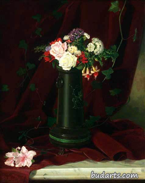 大理石桌面花卉静物画