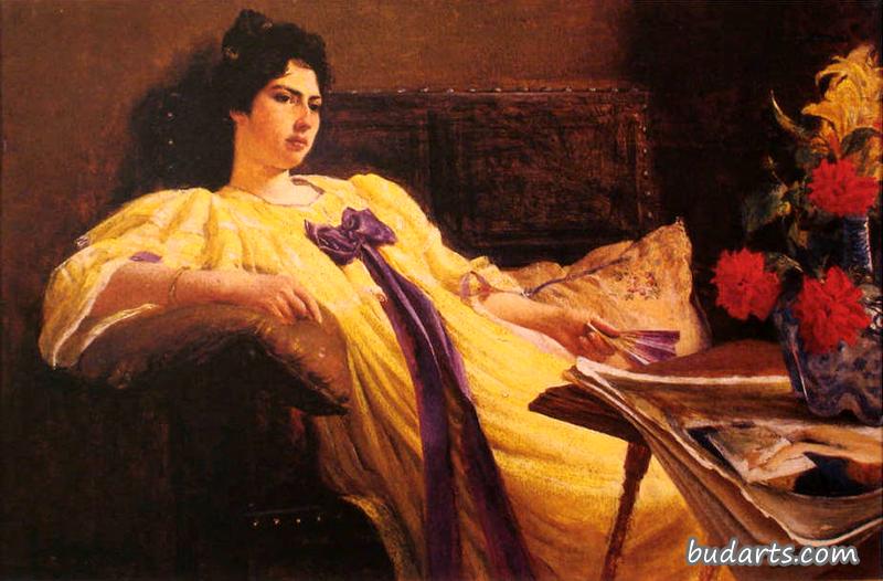 一位身穿黄色长袍,戴紫色围巾的女士的画像 一位身穿黄色长袍,戴紫色围巾的女士的画像