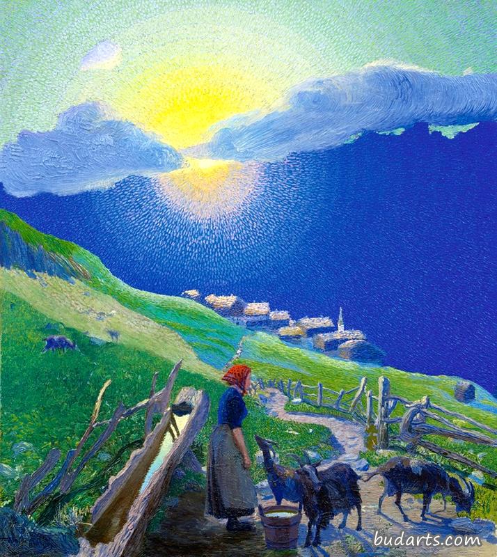 牧羊女和山羊在阿尔卑斯山的夕阳下