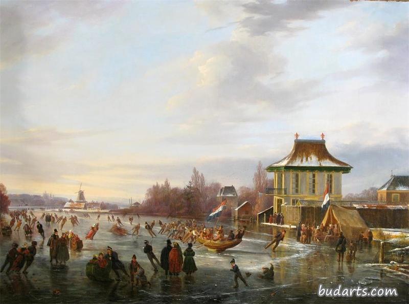 一座亭台楼阁旁冰冻的湖面上有许多人像的广阔冬季景观 一座亭台楼阁旁冰冻的湖面上有许多人像的广阔冬季景观