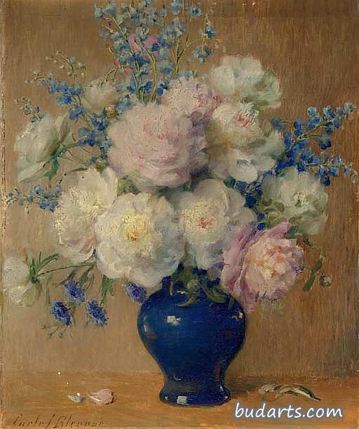 牡丹、翠雀花和紫菀的静物画