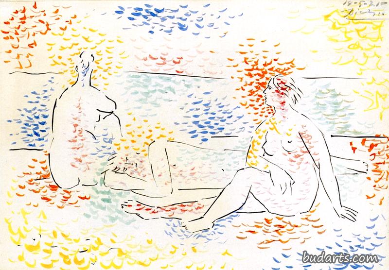 海滩上的三个游泳者