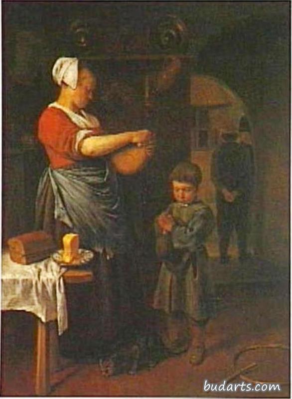 在收到厨房女佣的面包前祈祷的男孩