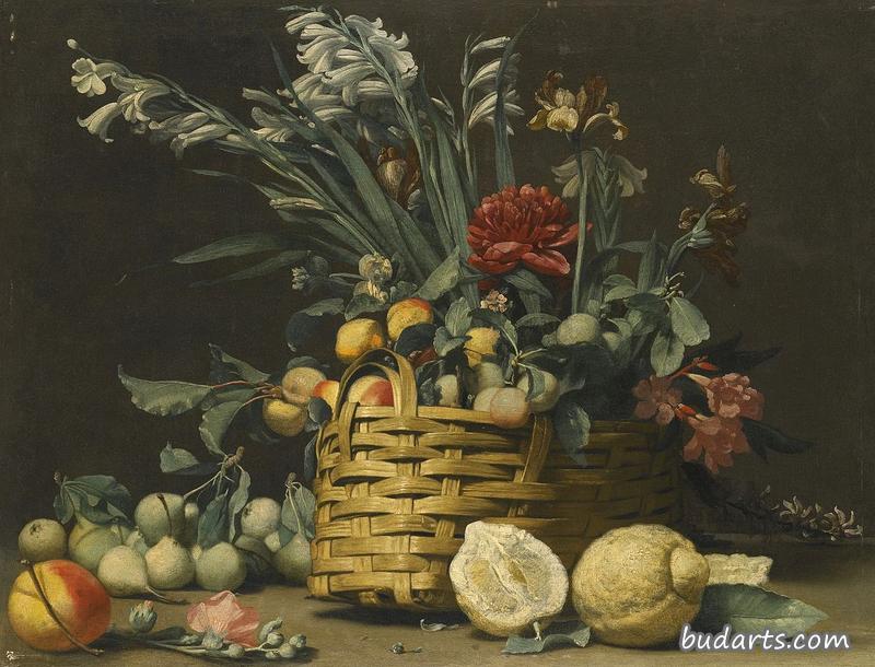 在两个大柠檬旁边的篮子里放着梨、苹果、菊花和其他花的静物画 在两个大柠檬旁边的篮子里放着梨、苹果、菊花和其他花的静物画