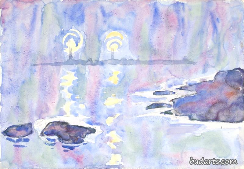 73号水彩画，蓝色和薰衣草色