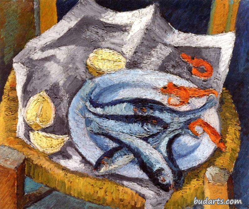 有鱼和柠檬的静物画