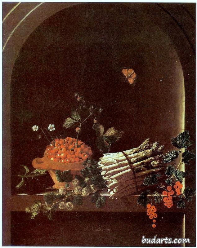 Still life with asparagus, a spray of gooseberries, a bowl of strawberries and other fruit in a niche Still life with asparagus, a spray of gooseberries, a bowl of strawberries and other fruit in a niche